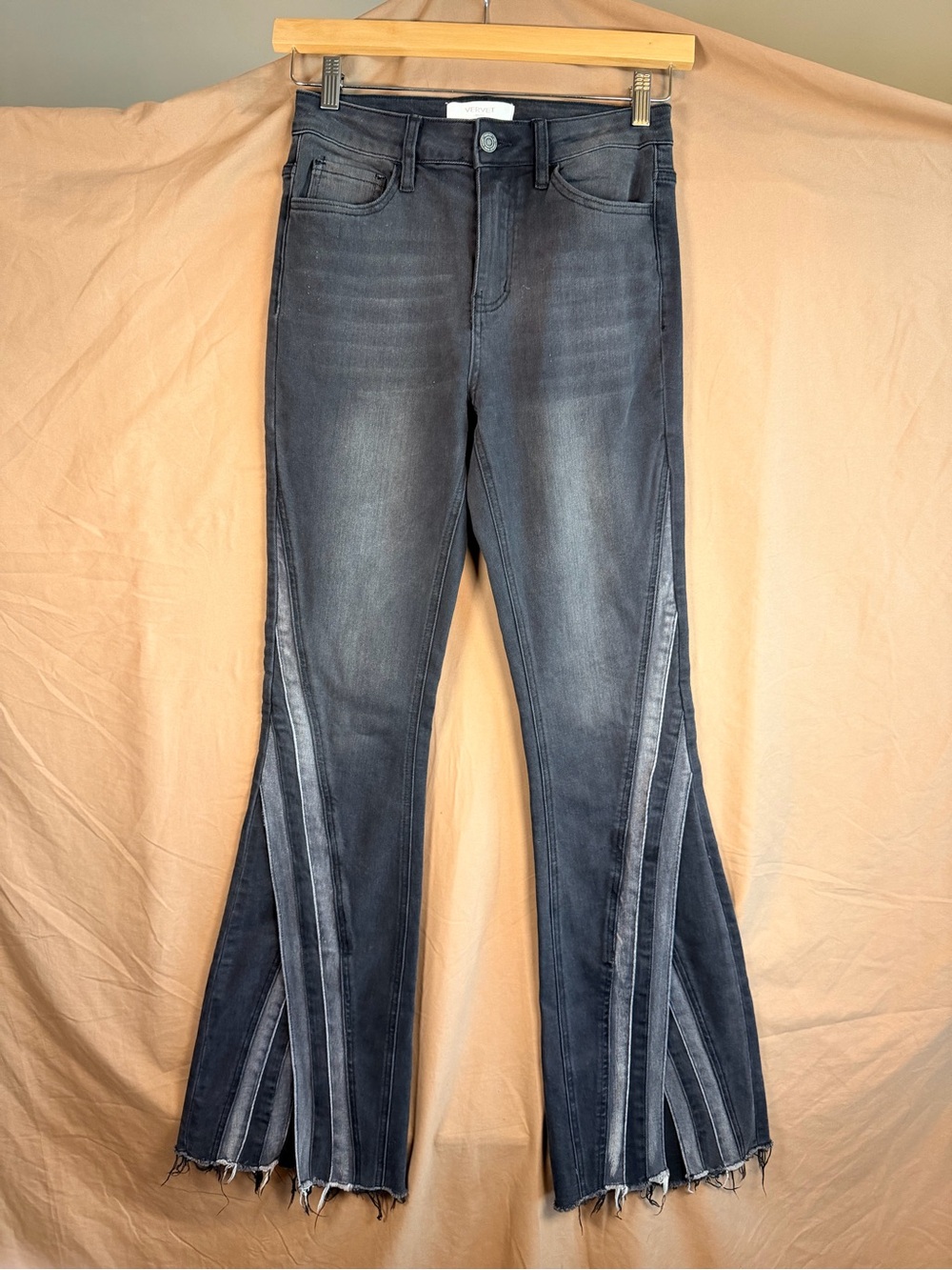 Vervet Flare Jeans 27 Black Western Boho Bell Bottom Raw Hem Panel High Rise 70s